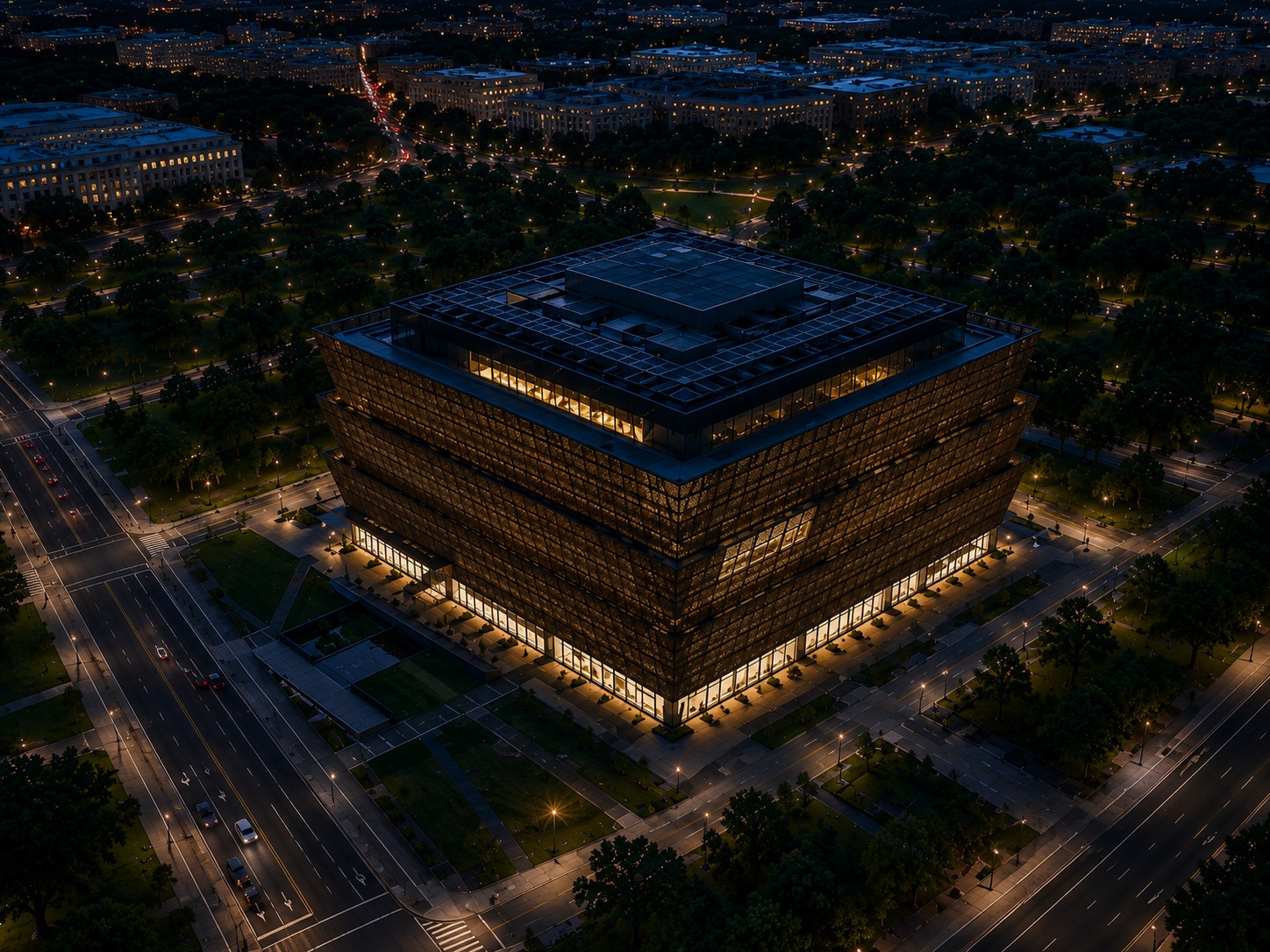 Aerial view of the National Museum of African American History and Culture, Washington D.C.